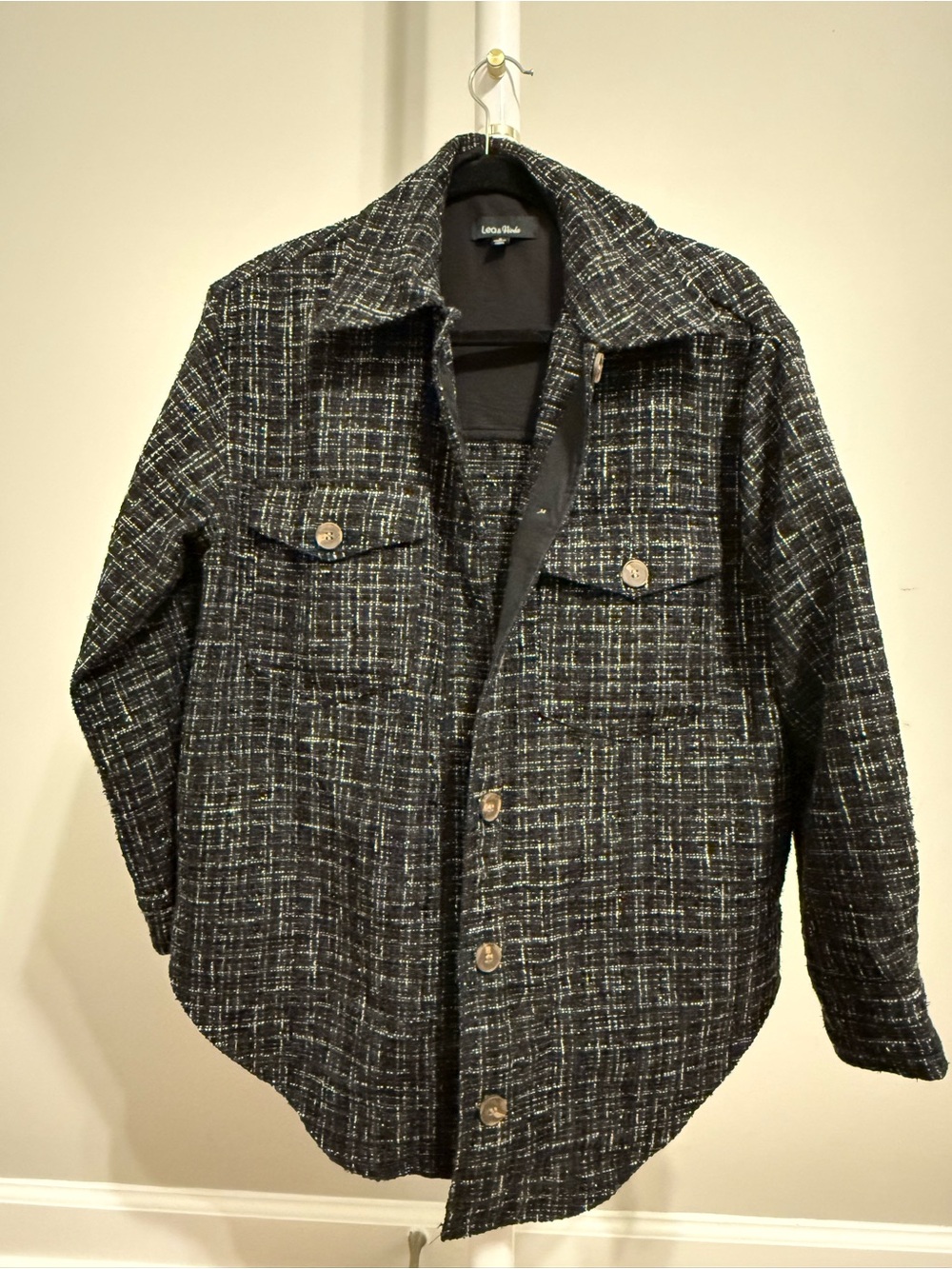 Lea & Viola Black Tweed Button-Up Shacket with Subtle White Threading